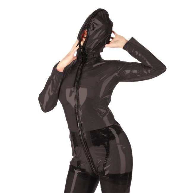 Sexy Sheer Hooded Catsuit PVC Plastic Front Zipper Open Crotch Jumpsuits Long Sleeve See Through Bodysuit Clear Erotic Costumes