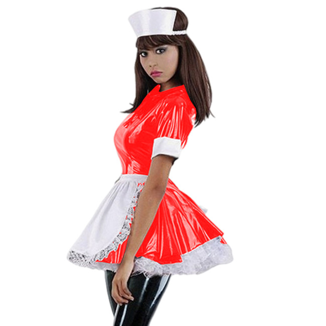Women Sexy PVC Nurse Dress Uniform A-Line Dress French Maid Novelty Clubwear Lolita Style Women Wet Look Nurse Cosplay Uniform
