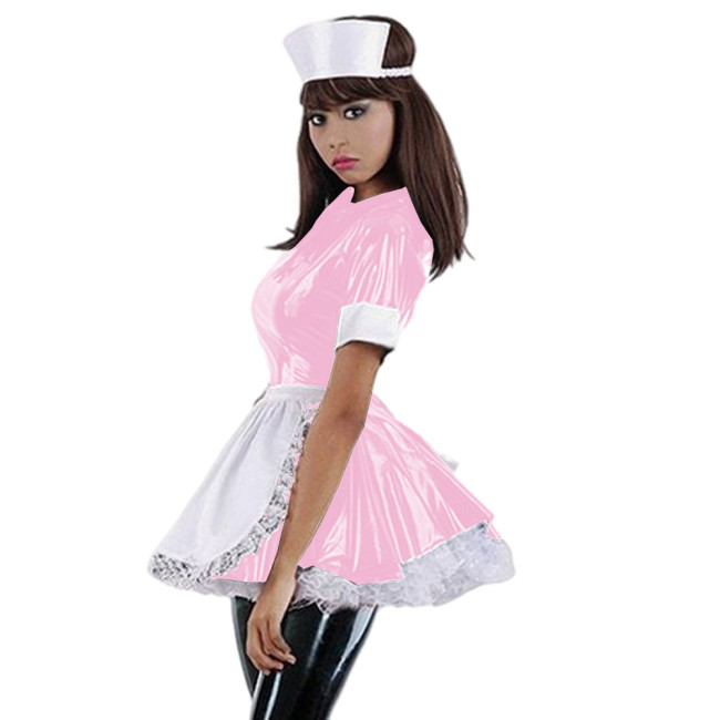 Women Sexy PVC Nurse Dress Uniform A-Line Dress French Maid Novelty Clubwear Lolita Style Women Wet Look Nurse Cosplay Uniform