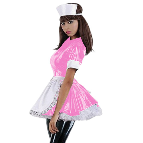 Women Sexy PVC Nurse Dress Uniform A-Line Dress French Maid Novelty Clubwear Lolita Style Women Wet Look Nurse Cosplay Uniform