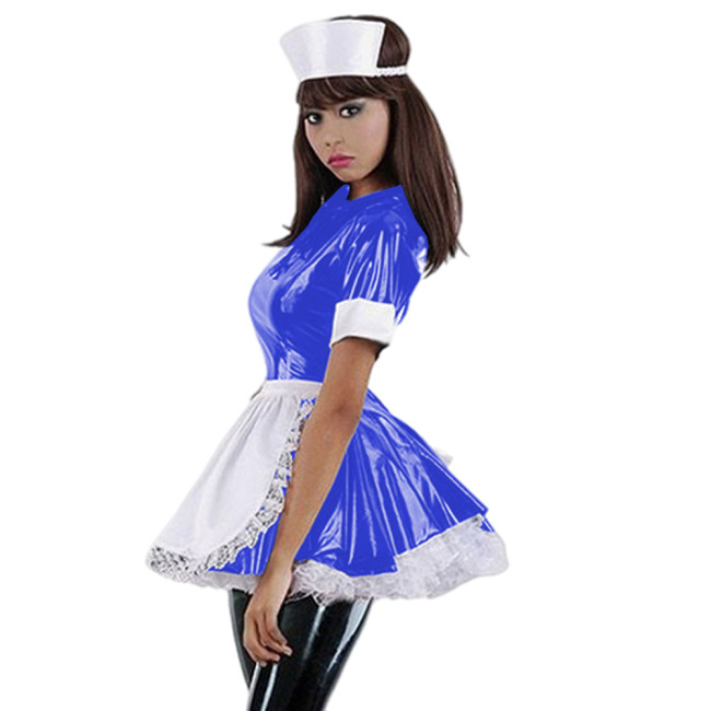 Women Sexy PVC Nurse Dress Uniform A-Line Dress French Maid Novelty Clubwear Lolita Style Women Wet Look Nurse Cosplay Uniform