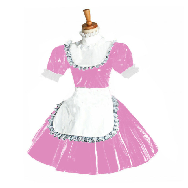 Unsex Sexy Maid Dress Short Puff Sleeve pvc Lace Trimming Maid Fancy Dress Sissy Patent Leather Costume Lolita A-Line Clubwear