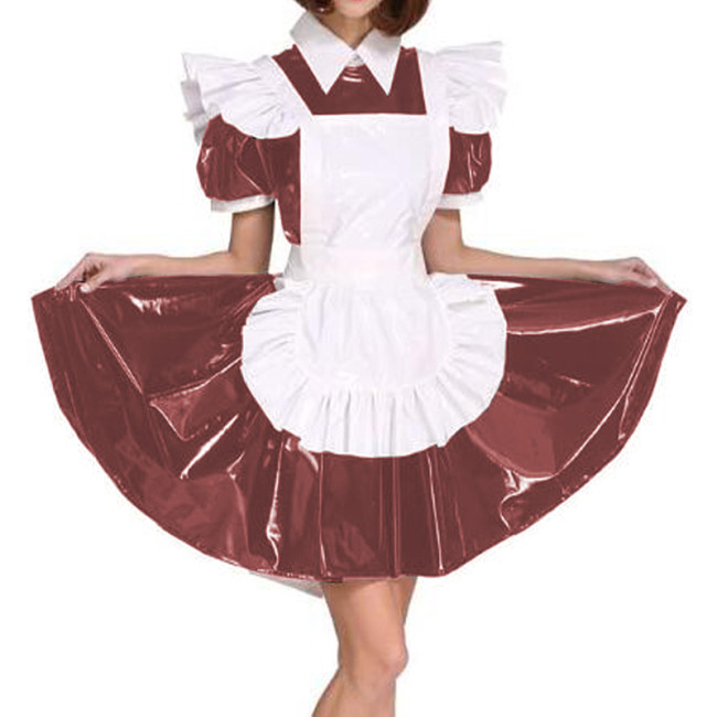 Plus Size Exotic Maid Cosplay PVC Uniform Women Wet Look Short Puff Sleeve Mini Dress French Maid Costume Lolita Apron Dress