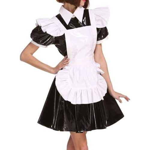 Plus Size Exotic Maid Cosplay PVC Uniform Women Wet Look Short Puff Sleeve Mini Dress French Maid Costume Lolita Apron Dress