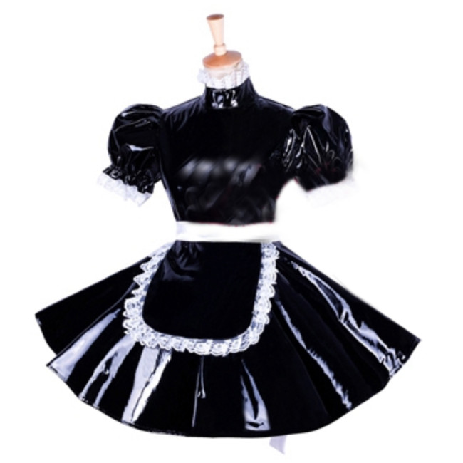 Sissy High Neck Maid Dress Lockable Cute Maid Uniform Cosplay PVC Lolita Dress Short Puff Sleeve Halloween Outfit Crossdresser