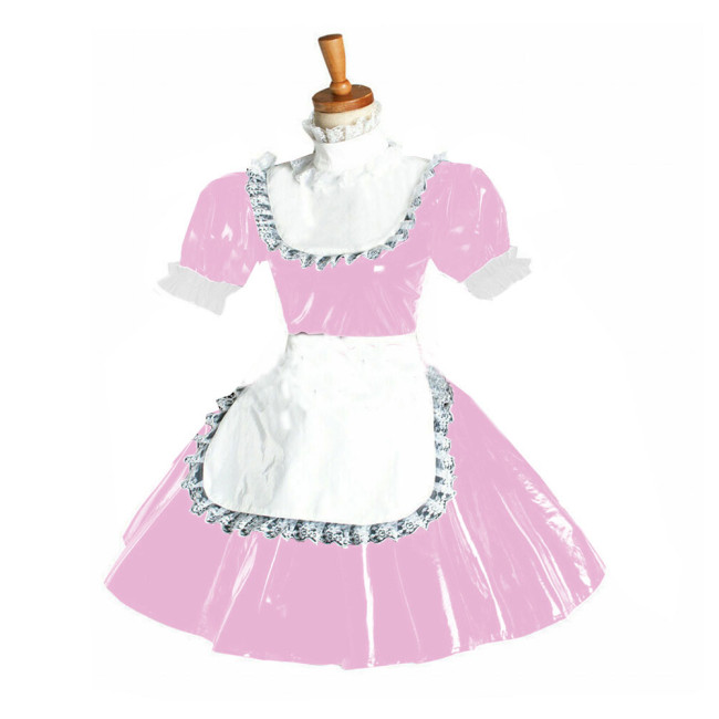 Unsex Sexy Maid Dress Short Puff Sleeve pvc Lace Trimming Maid Fancy Dress Sissy Patent Leather Costume Lolita A-Line Clubwear