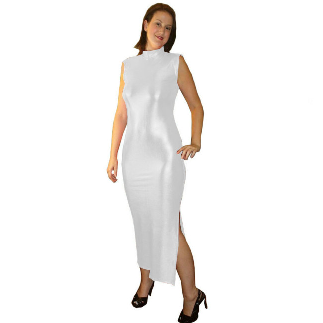 Vinyl Metallic Sleeveless Midi Dress Simple Solid Color Back Zip Stretch Dress Fashion Elegant Clubwear Party Side Split Dress