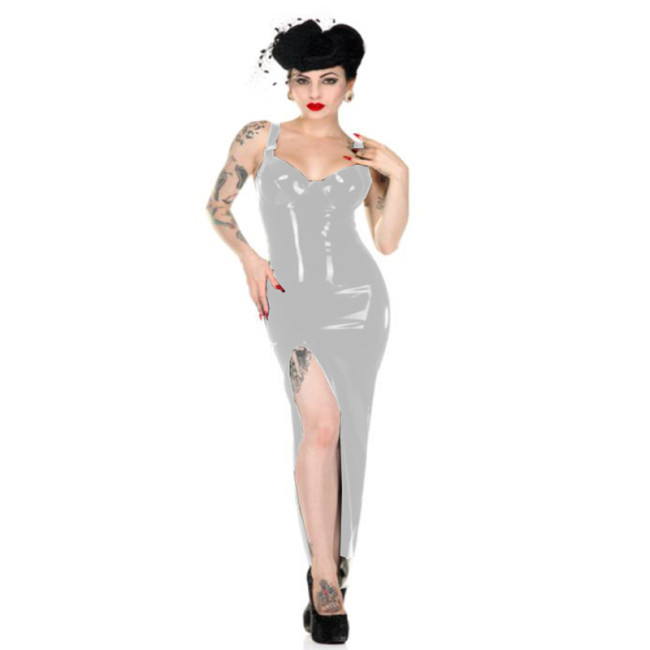 Sexy Strap Bandage Midi Dress Backless PVC One Side Split Sling Dress Wet Look Glossy Vestido Clubwear Sleeveless Bodycon Dress
