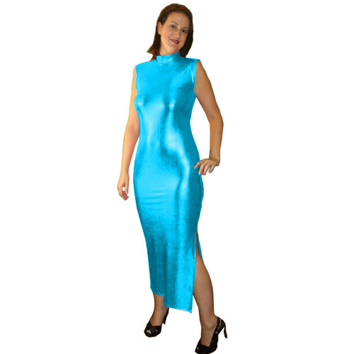 Vinyl Metallic Sleeveless Midi Dress Simple Solid Color Back Zip Stretch Dress Fashion Elegant Clubwear Party Side Split Dress