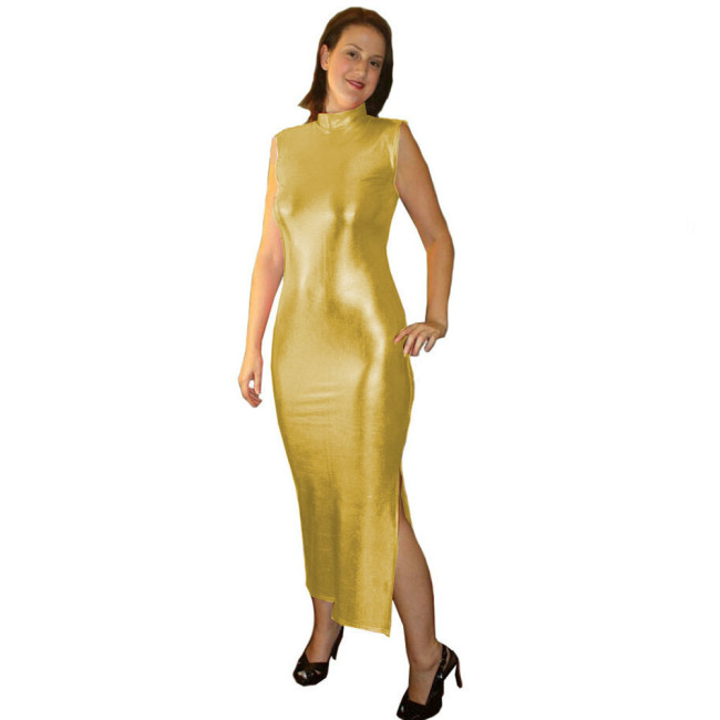 Vinyl Metallic Sleeveless Midi Dress Simple Solid Color Back Zip Stretch Dress Fashion Elegant Clubwear Party Side Split Dress