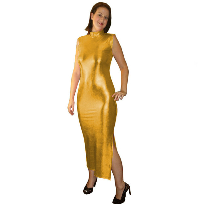Vinyl Metallic Sleeveless Midi Dress Simple Solid Color Back Zip Stretch Dress Fashion Elegant Clubwear Party Side Split Dress