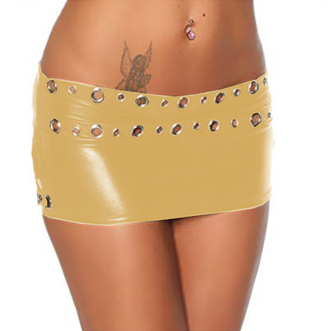 Shiny Metallic Patent Leather Skirts Women Sexy Bodycon Metal Hole Mini Skirts Ladies PU Leather Pencil Skirts Party Clubwear