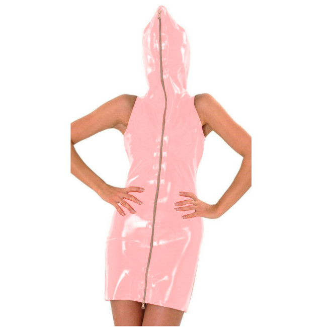 PVC Cosplay Party Dress Sexy Bodycon Clubwear Ladies Sleeveless Wet Look Hooded front zipper Mini Dresst Novelty Clubwear