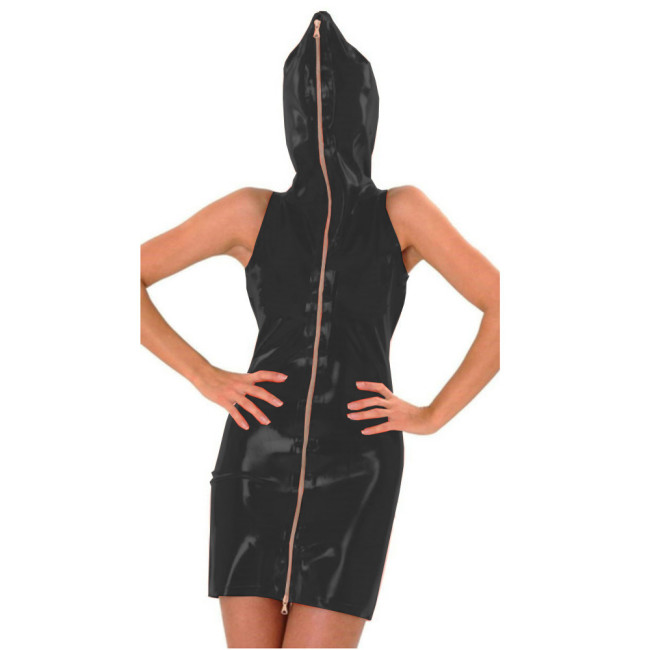 PVC Cosplay Party Dress Sexy Bodycon Clubwear Ladies Sleeveless Wet Look Hooded front zipper Mini Dresst Novelty Clubwear