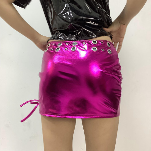 Shiny Metallic Patent Leather Skirts Women Sexy Bodycon Metal Hole Mini Skirts Ladies PU Leather Pencil Skirts Party Clubwear