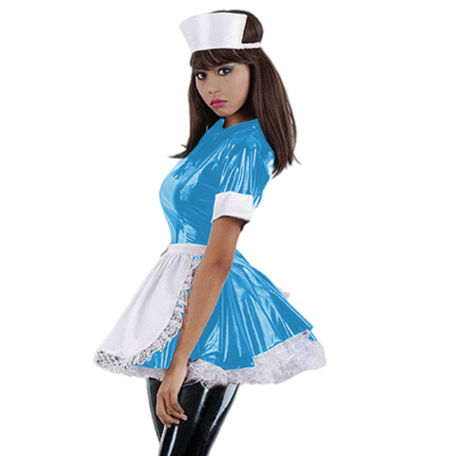 Women Lolita Style Women Wet Look Nurse Cosplay Uniform Sexy PVC Nurse Dress Uniform A-Line Dress French Maid Novelty Clubwear
