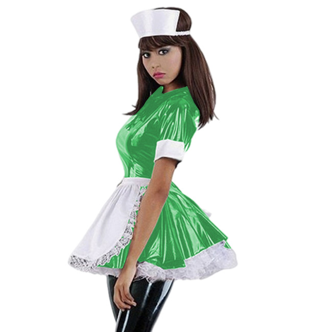 Women Lolita Style Women Wet Look Nurse Cosplay Uniform Sexy PVC Nurse Dress Uniform A-Line Dress French Maid Novelty Clubwear