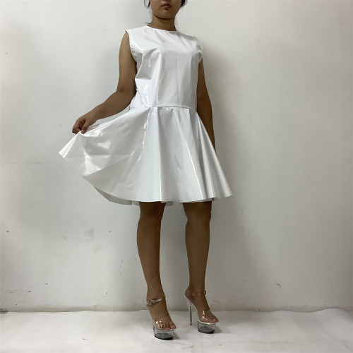 Faux Latex Gothic Tank A-Line White Dress Summer Women Sexy Sleeveless PVC Leather Mini Pleated Dresses Nightclub Party Clubwear