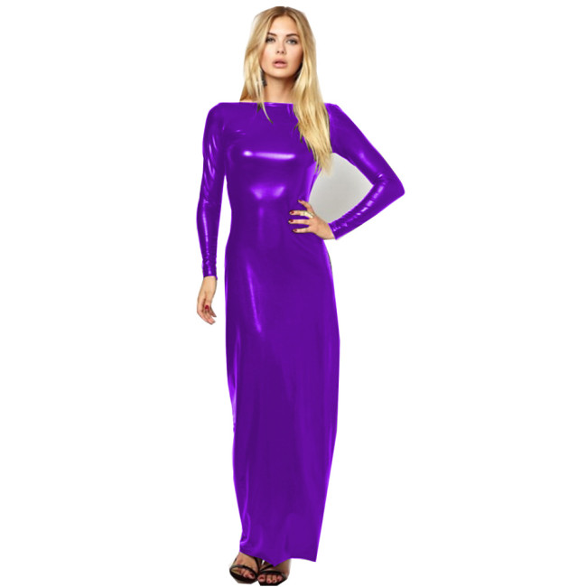 Shiny Metallic Summer Women Stretch Dresses Solid Long Sleeve Midi Dress Fashion Slim fit Female Clothing Bodycon Long Dress 7XL
