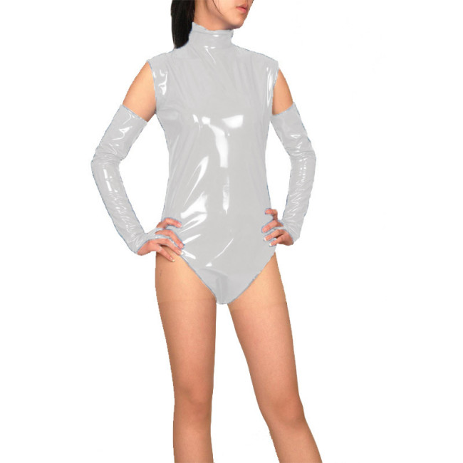 Fashion Solid Color Sleeveless Skinny Women Bodysuits PVC Leather Wet Look Catsuit Rave Dance Exotic Rompers With Gloves S-7XL