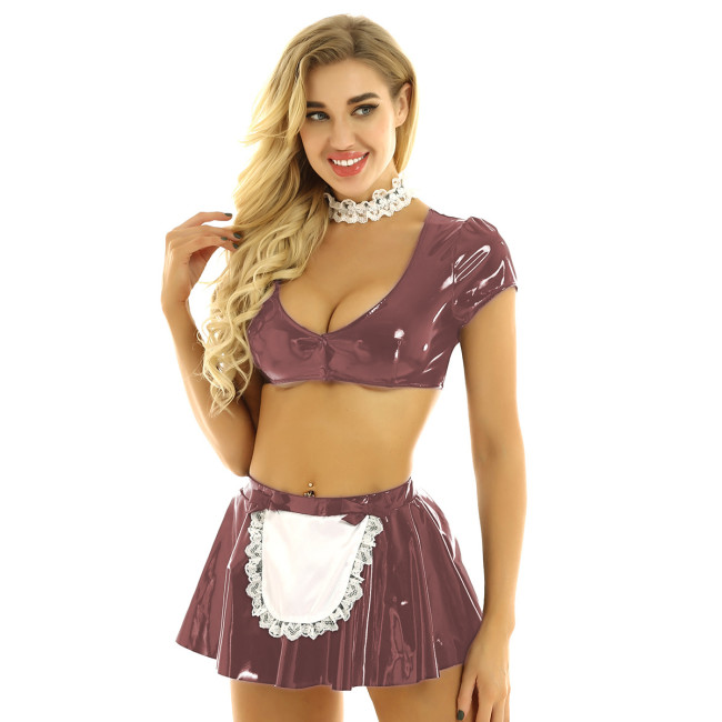 Plus Size XS-7XL Wetlook Clubwear Cocktail Party Leather Latex French Maid Dress Cosplay Costumes Crop Top with PVC Mini Skirt