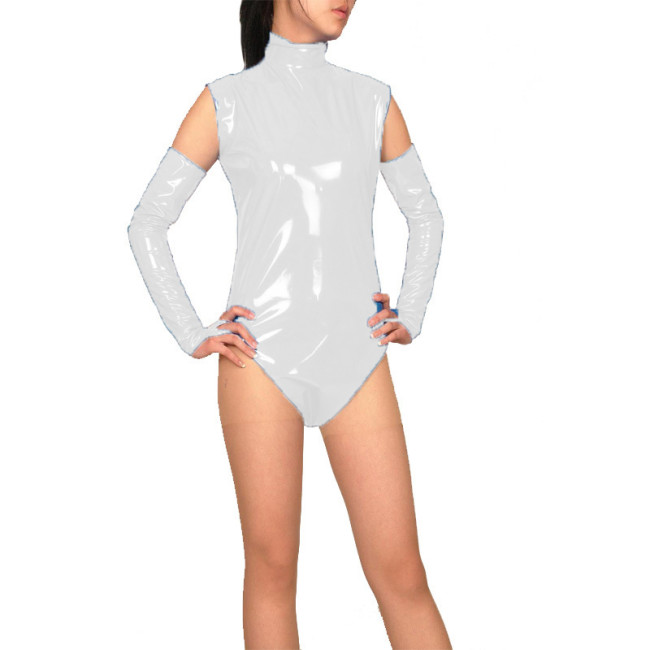 Fashion Solid Color Sleeveless Skinny Women Bodysuits PVC Leather Wet Look Catsuit Rave Dance Exotic Rompers With Gloves S-7XL