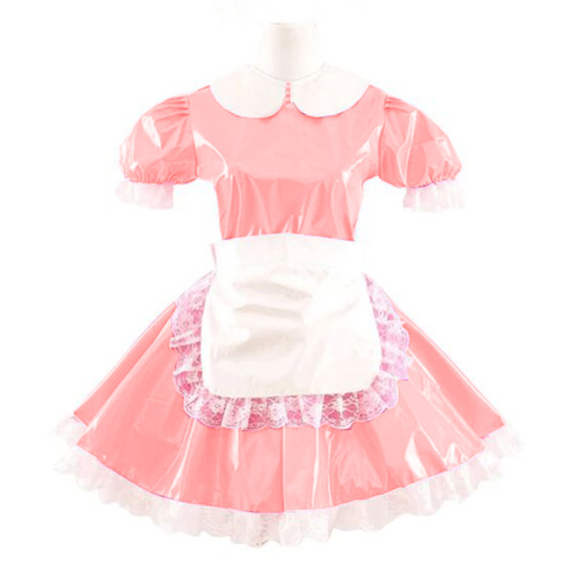 Ladies Sexy Shiny Short Sleeve Dress Halloween Costume Doll Collar French Maid Dress with Apron Cosplay Dress Club Costume S-7XL