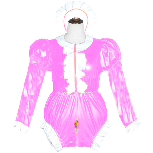 PVC Long Sleeve Bodysuit Halloween Costumes  Lolita Sissy Suit Lockable Sexy Wetlook Adult Cross Dressing Maid Cosplay S-7XL