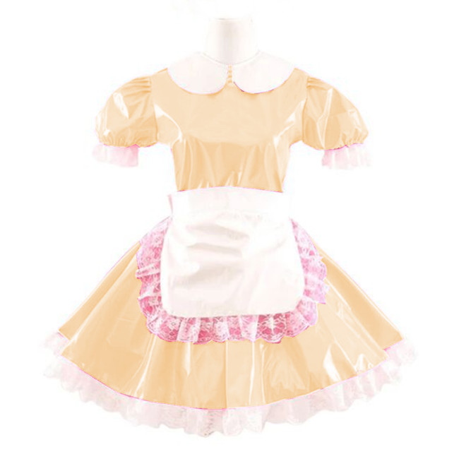 Ladies Sexy Shiny Short Sleeve Dress Halloween Costume Doll Collar French Maid Dress with Apron Cosplay Dress Club Costume S-7XL