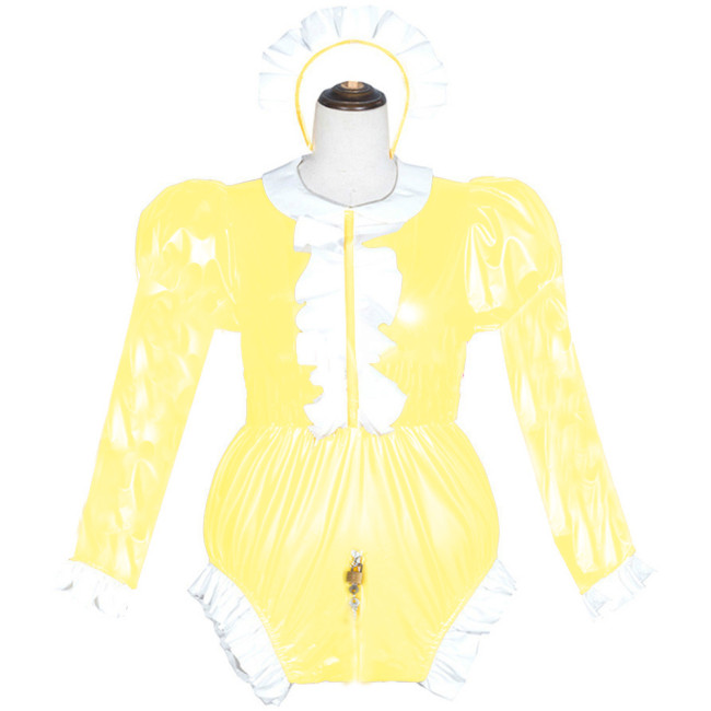PVC Long Sleeve Bodysuit Halloween Costumes  Lolita Sissy Suit Lockable Sexy Wetlook Adult Cross Dressing Maid Cosplay S-7XL