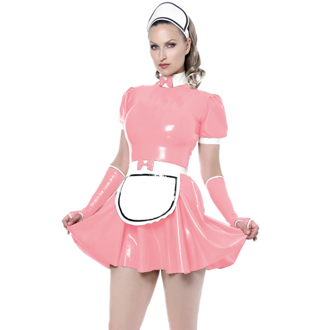 Shiny PVC Leather  French Maid Dress Short Puff  Sleeves Patent Leather Bow Maid  Dress Sissy Costume Crossdresser with Gloves