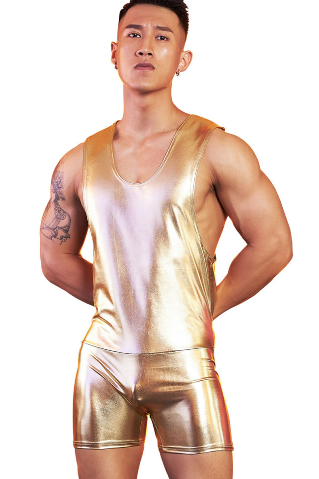 Black Gold Silver Men Metallic Faux Leather Tank Tops Sleeveless Short Jumpsuit Sexy Tight Bodysuit Fitness Wrestling Shapewear