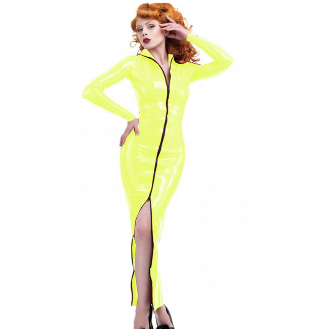 24 Colors Two Way Zipper Front Long Dress Women Sexy Sheath Long Sleeve PVC Clubwear Glossy Bandage Turn-down Collar Vestido