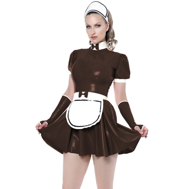 Shiny PVC Leather  French Maid Dress Short Puff  Sleeves Patent Leather Bow Maid  Dress Sissy Costume Crossdresser with Gloves