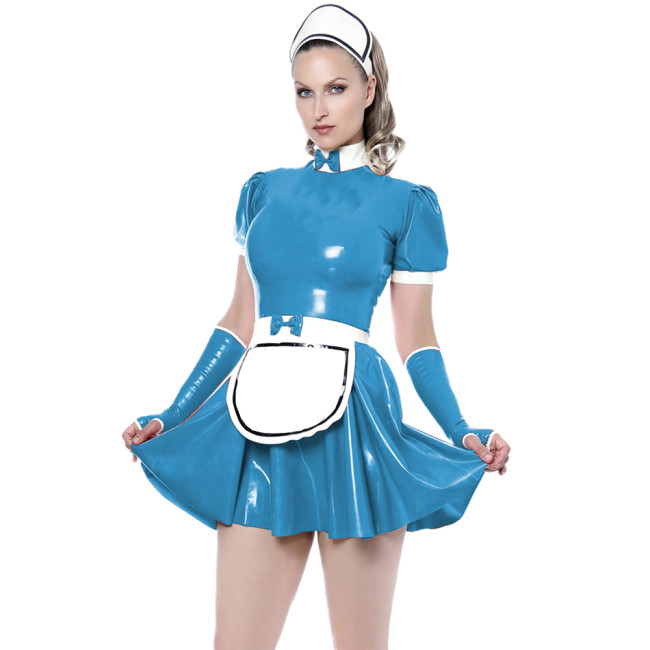 Shiny PVC Leather French Maid Dress Short Sleeves Faux Latex Bow Fancy Mini Dress Sissy Costume Crossdresser with Gloves Apron