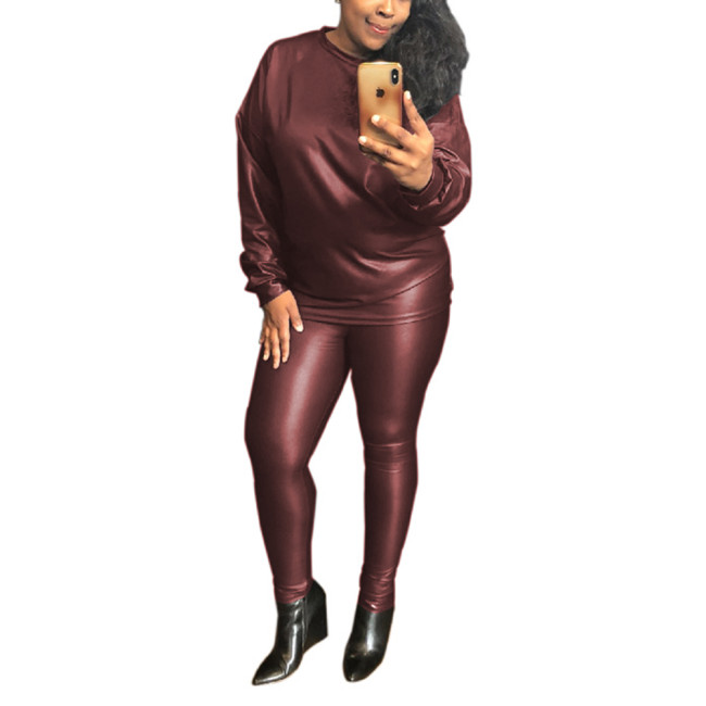 Women's O-Neck Long Sleeved Casual faux leather Suits Shiny Metallic Costume PU Leather Slim fit Pencil Pants Two-Piece Set 7XL