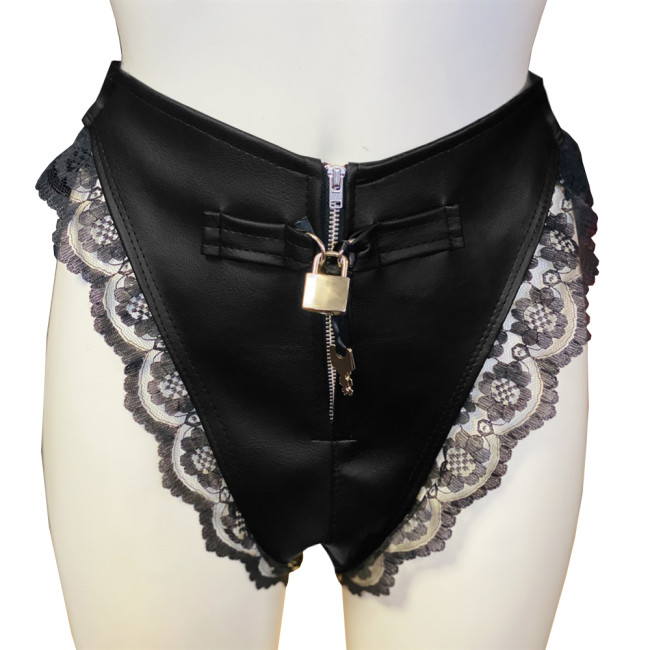 Lockable Panties Sissy unisex Zipper Knickers Black Lace Briefs Wet Look PVC Shiny High Waist underpants Crossdress CostumeS-7XL