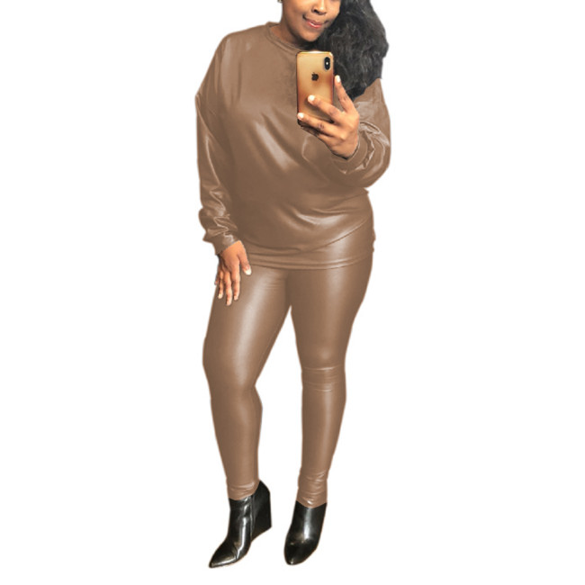 Women's O-Neck Long Sleeved Casual faux leather Suits Shiny Metallic Costume PU Leather Slim fit Pencil Pants Two-Piece Set 7XL
