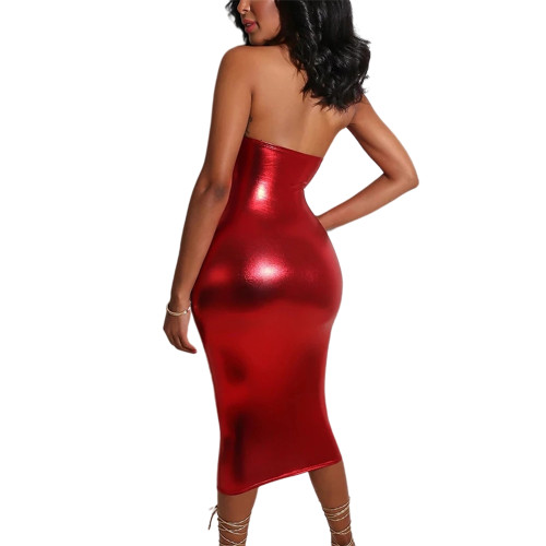 Sexy Shiny Metallic Hollow Out Bodycon Dress Backless Wetlook Front Criss Cross Halter Midi Dress nightclub dance costumes S-7XL