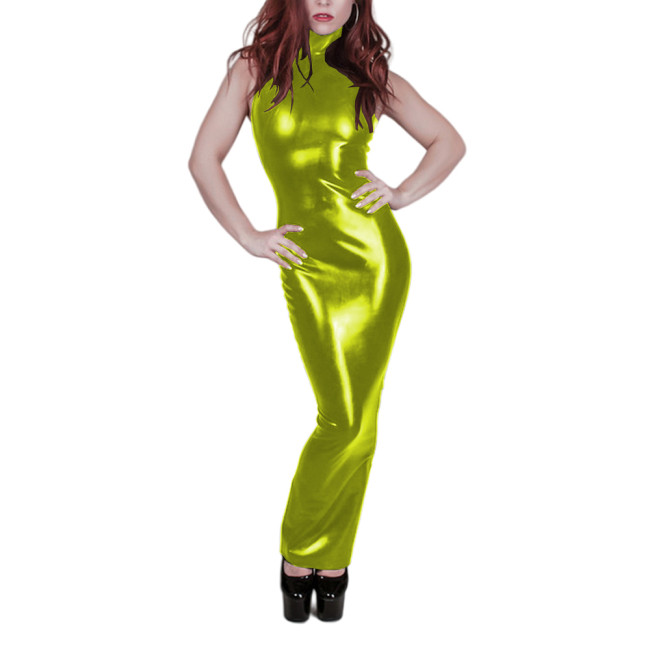 Women High Neck Elegant solid color Dress Summer Skinny Stretch Tank Long Dress Shiny Metallic Night Party Dress Clubwear S-7XL