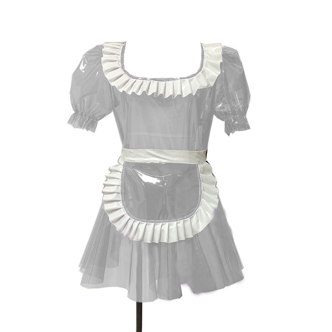 Women French Maid Dress Short Puff Sleeve See Through PVC Clear Dress Waterproof Sissy Dress Sexy Costumes Holographic Dress 7XL