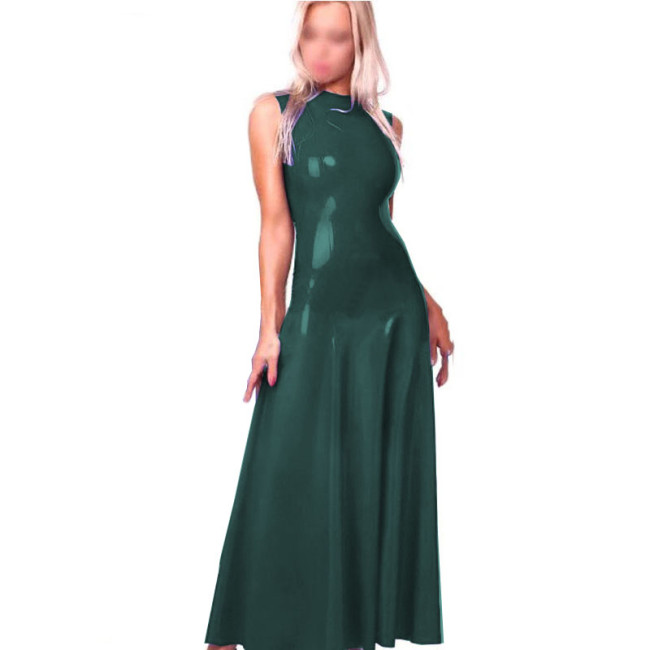 Women Sexy PVC Latex Faux Leather Maxi Dress Turtleneck Sleeveless Slim Bodycon PU Leather Dresses nightclub dance costumes 7XL