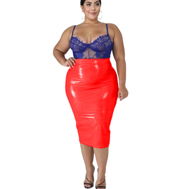 Women Sexy Faux Latex Patent Leather Midi Skirt High Waist Smoothing Leather Pencil Skirt PU Custom Summer Streetwear S-7XL