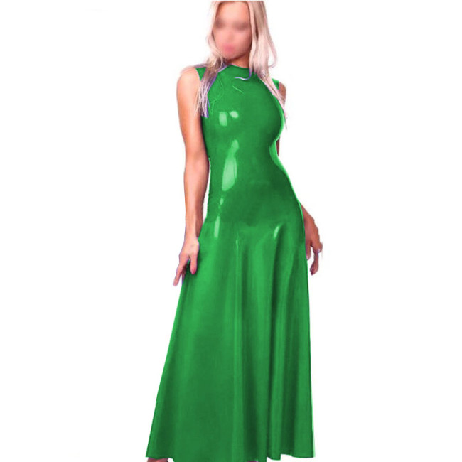 Women Sexy PVC Latex Faux Leather Maxi Dress Turtleneck Sleeveless Slim Bodycon PU Leather Dresses nightclub dance costumes 7XL