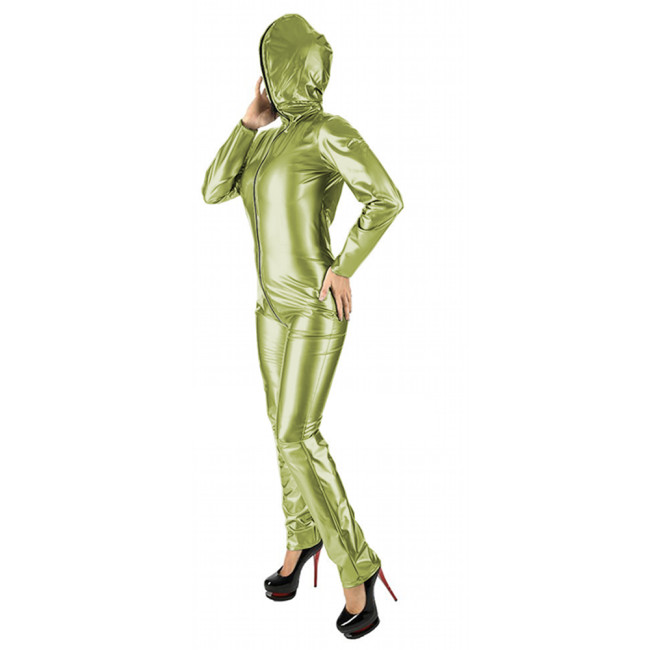 Women Wet Look Long Sleeve Catsuit with Hooded Novelty Front Zipper Open Crotch Jumpsuits Faux Leather Bodysuit Exotic Apparel
