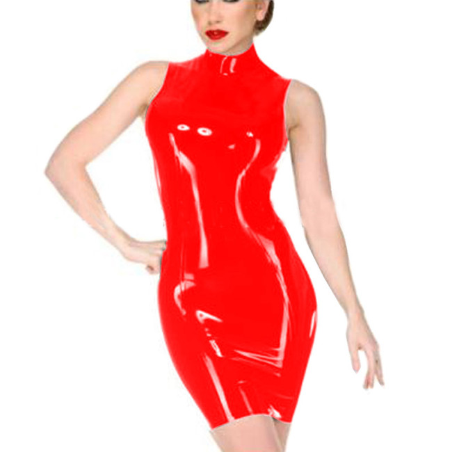 Women Shiny Leather Sleeveless Mini Dress Sexy Gothic Turtleneck PVC Patent Leather Wet Look Bodycon  Dress Clubwear Custom