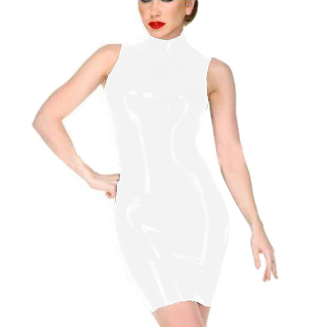 Women Shiny Leather Sleeveless Mini Dress Sexy Gothic Turtleneck PVC Patent Leather Wet Look Bodycon  Dress Clubwear Custom