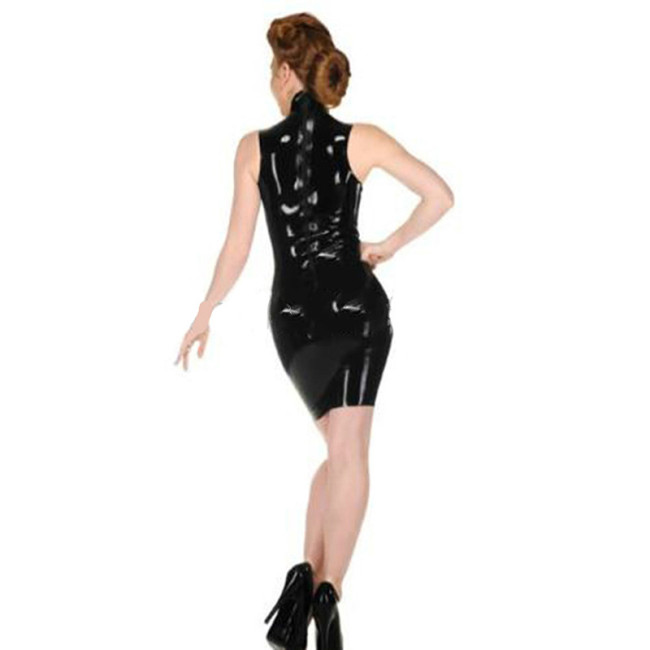 Women Shiny Leather Sleeveless Mini Dress Sexy Gothic Turtleneck PVC Patent Leather Wet Look Bodycon  Dress Clubwear Custom