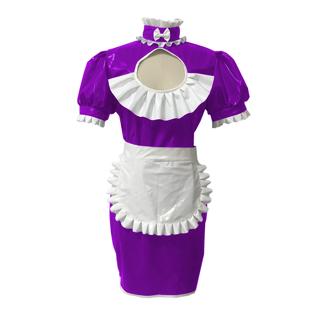 Sissy Maid Cosplay Costume Outfit High Neck Chest Hollow Out Sissy Dress  With Apron Ruffled Sleeve