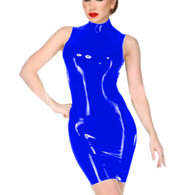 Women Shiny Leather Sleeveless Mini Dress Sexy Gothic Turtleneck PVC Patent Leather Wet Look Bodycon  Dress Clubwear Custom